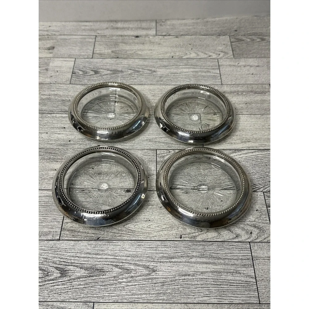 Set Of 4 B.I./ Frank M. Whiting STERLING SILVER Beaded Rim Coasters STARBURST